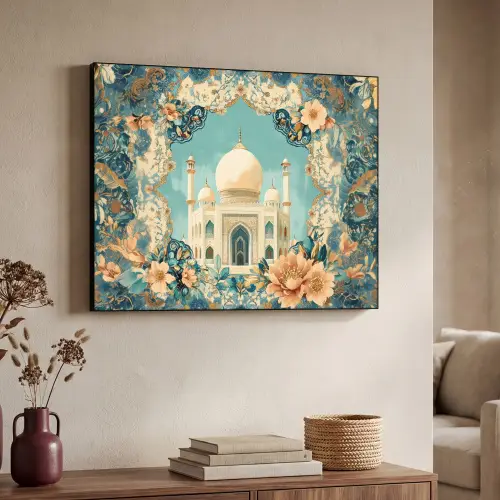 Taj Mahal - Ramadan - Bloemen - Islamitische Textielframe zwart klein -sfeer3