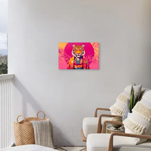 Tijger - Kimono - Planten - Roze Tuinposter op houten frame 2 cm dik klein -sfeer1