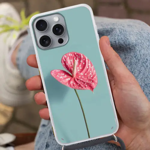 Blad - Anthurium - Stippen - Roze Hoesje iPhone 16 Pro Max met koord klein -sfeer3
