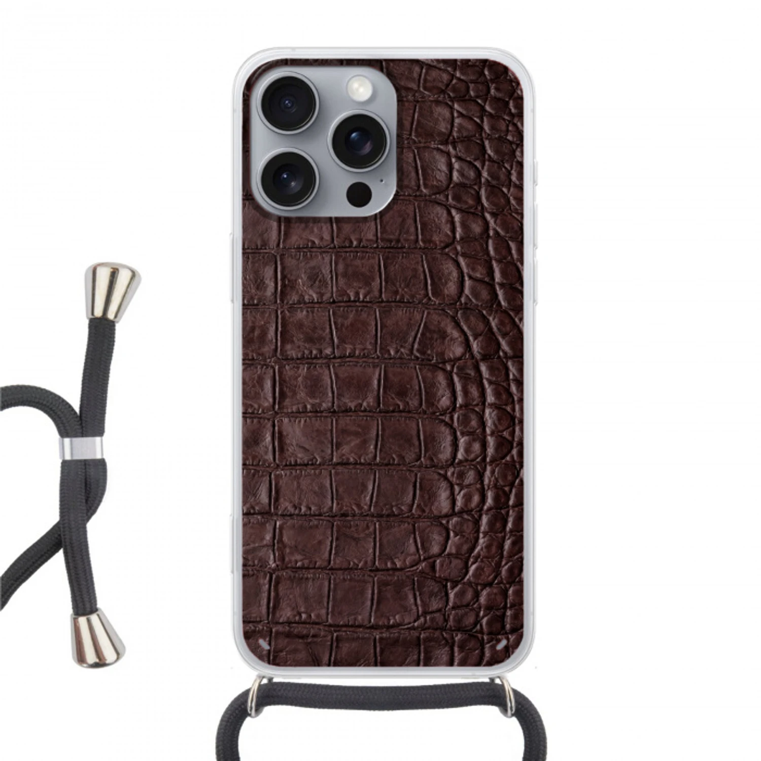 Krokodil - Leer - Bruin Hoesje iPhone 16 Pro Max met koord klein -3d