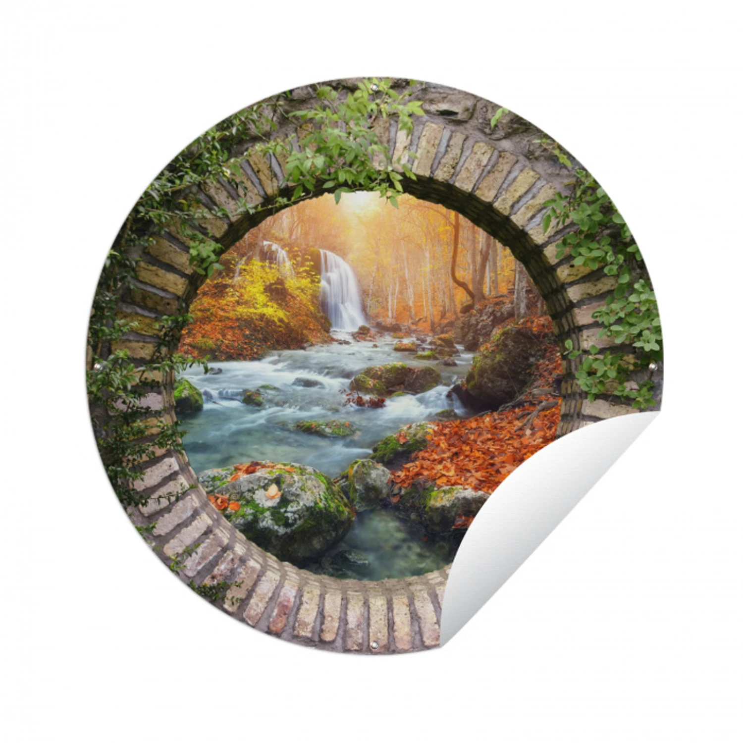 Herfst - Waterval - Natuur - Doorkijk Wandcirkel tuinposter met ringen klein -3d