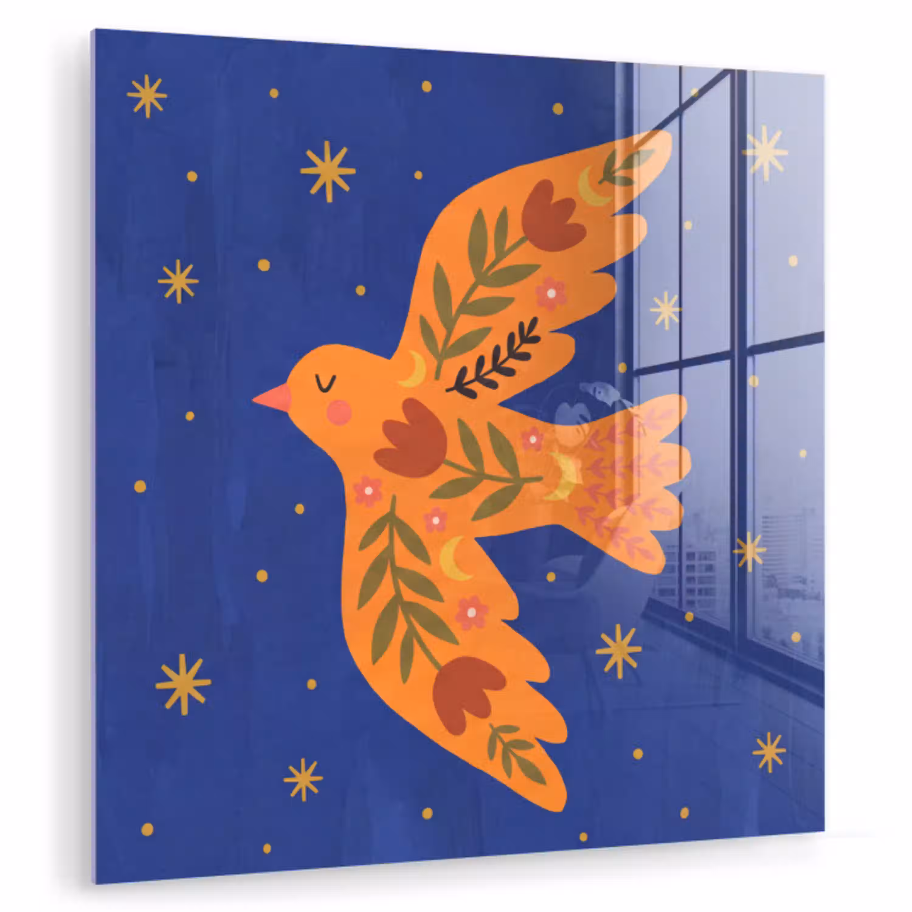 Vogel - Bloemen - Decoratief - Oranje - Blauw plexiglas 5mm klein -zzzproduct_nieuw