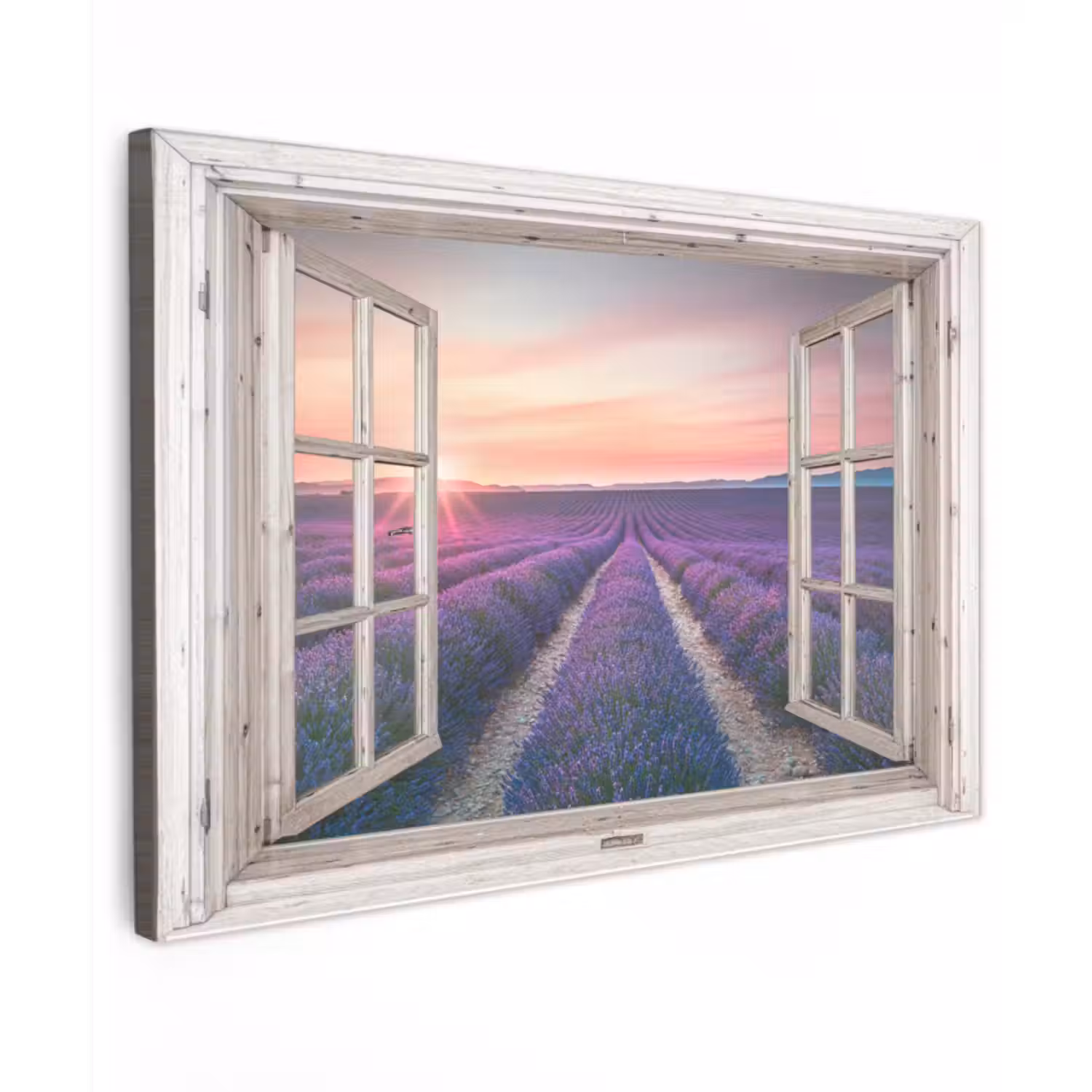 Buiten canvas - Doorkijk - Lavendel - Bloemen - Hout - Zonsondergang - Paars