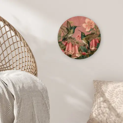 Kolibries - Bloemen - Groen - Roze Wandcirkel kunststof plaat 5mm dik klein -sfeer5