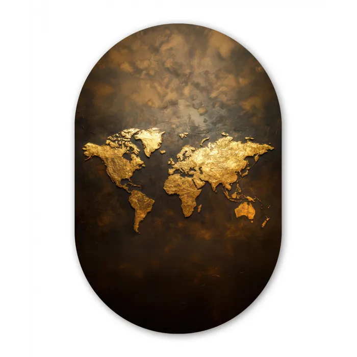 Wereldkaart - Goud - Roest Wandcirkel Ovaal Glas middel -3d