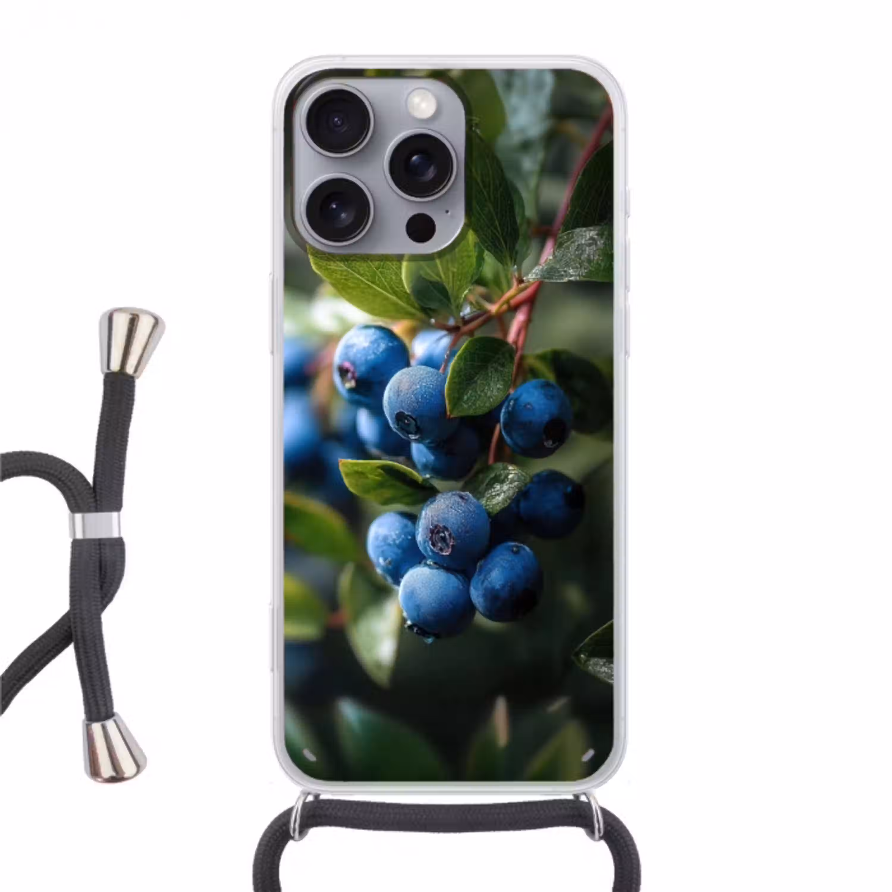 Blauwe bessen - Dauwdruppels - Natuurlijk licht Hoesje iPhone 16 Pro Max met koord klein -3d