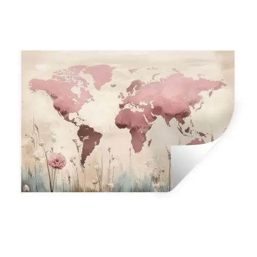 Wereldkaart - Roze - Bloemen Muursticker klein -3d