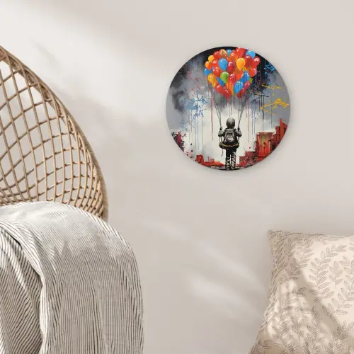 Jongen - Ballonnen - Gebouwen - Kunst Wandcirkel kunststof plaat 5mm dik klein -sfeer5