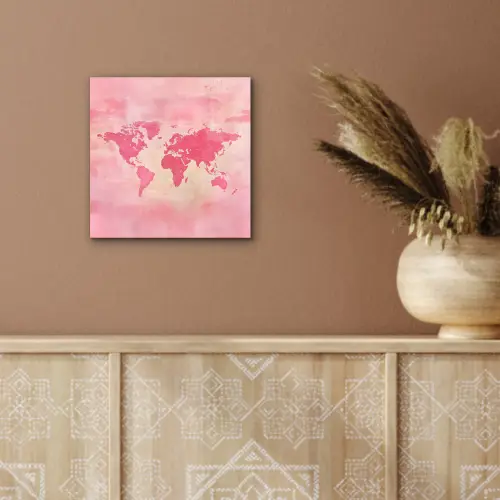 Wereldkaart - Roze - Vaag aluminium wit klein -sfeer4