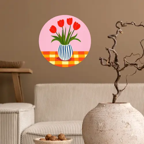Tulpen - Roze - Vaas Wandcirkel behangsticker klein -sfeer1