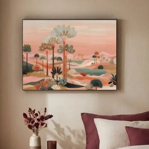 Roze landschap - Palmen - Water Textielframe zwart klein -sfeer1