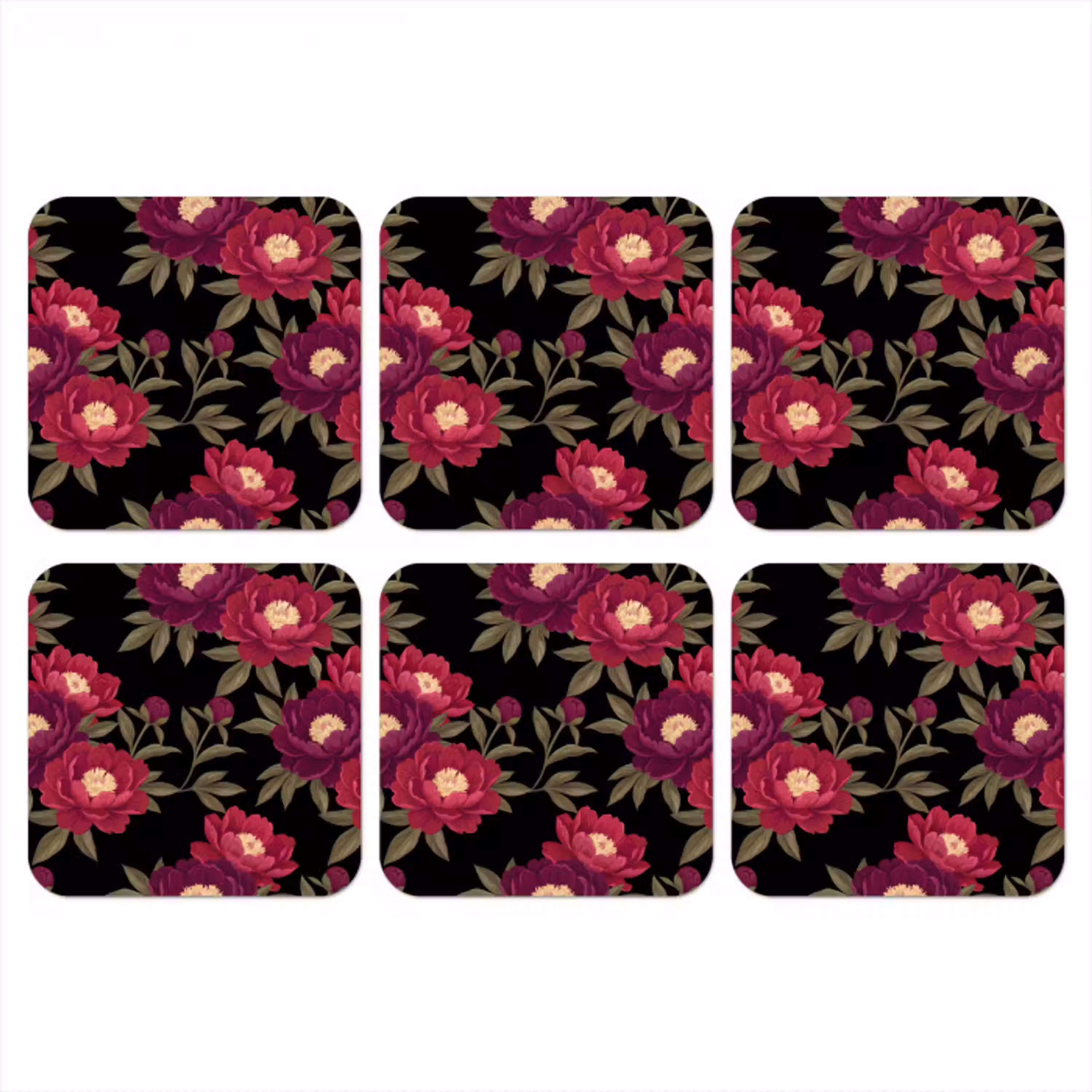Bloemen - Patroon - Botanisch - Rood - Zwart onderzetter kurk middel -3d