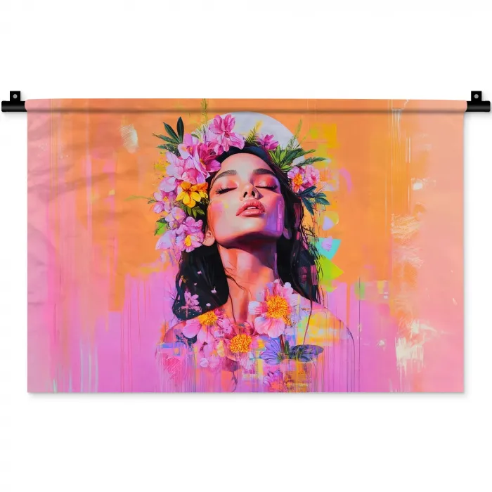 Portret - Bloemenkroon - Vrouw Wandkleed katoen klein -zz3d