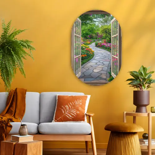 Doorkijk - Bloemen - Tuinpad - Natuur - Raam Wandcirkel Ovaal Glas middel -sfeer4