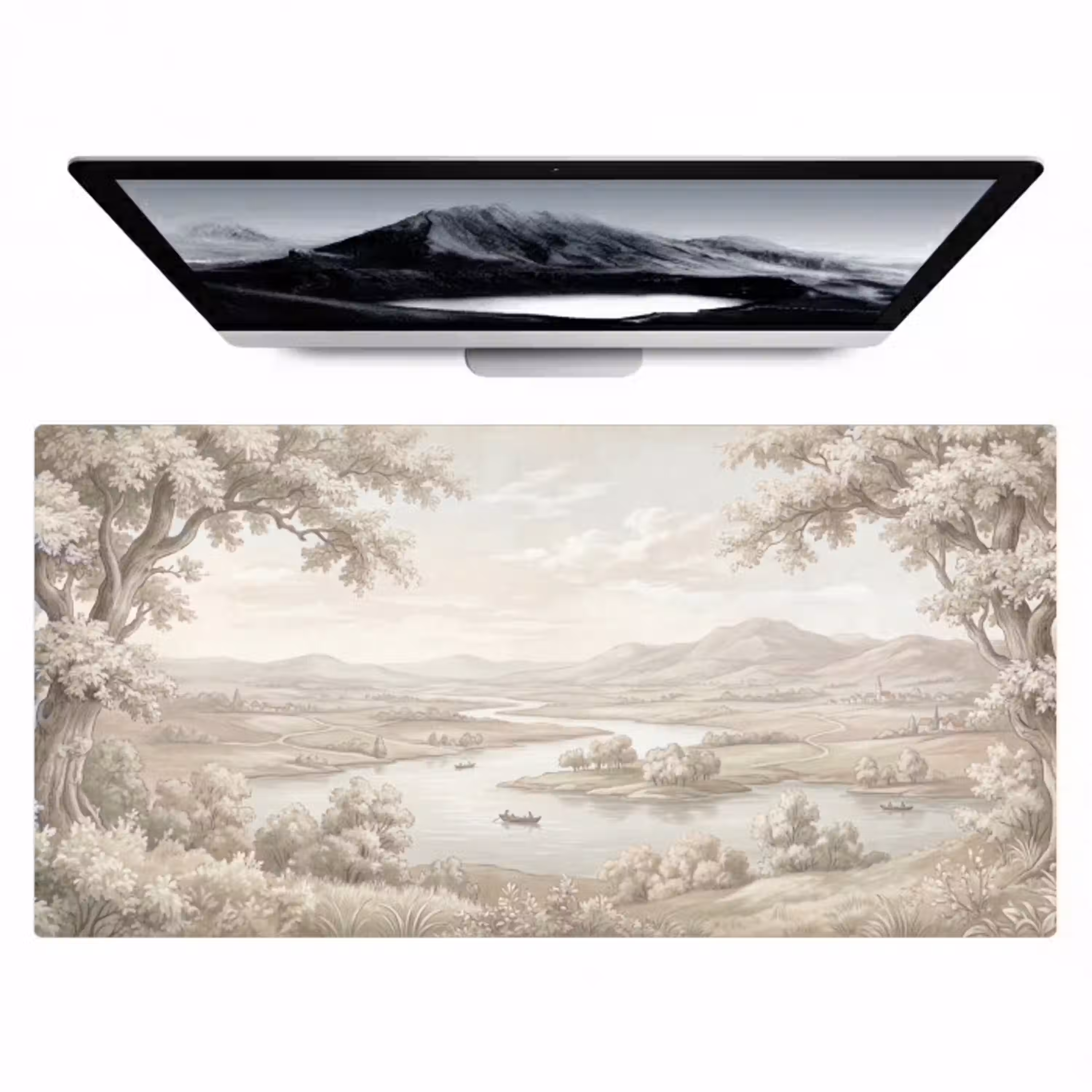 Rivierlandschap - Bergen - Natuur - Vintage - Beige Muismat XXL klein -zzz3d
