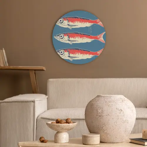 Vissen - Rood - Blauw Akoestische PET Vilt - Rond klein -sfeer1