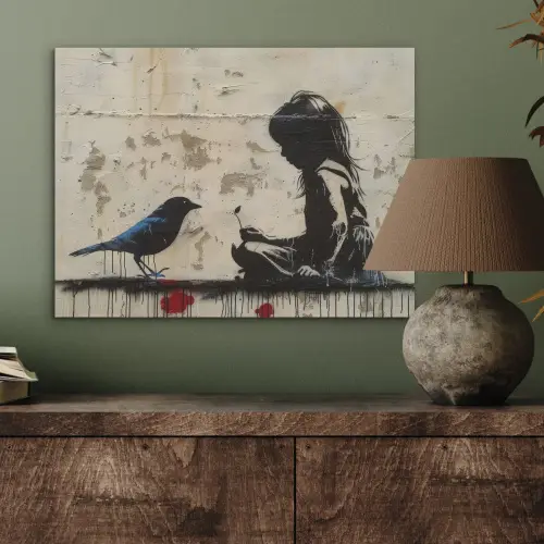 Street art - Meisje - Vogel - Graffiti - Banksy PET vilt klein -sfeer2