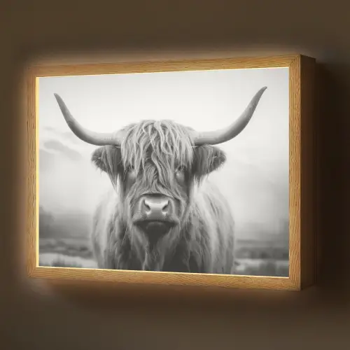 Schotse hooglander - Dieren portret - Zwart - Wit - Dier Light Box met batterij (Wandlamp) middel -z3d_website
