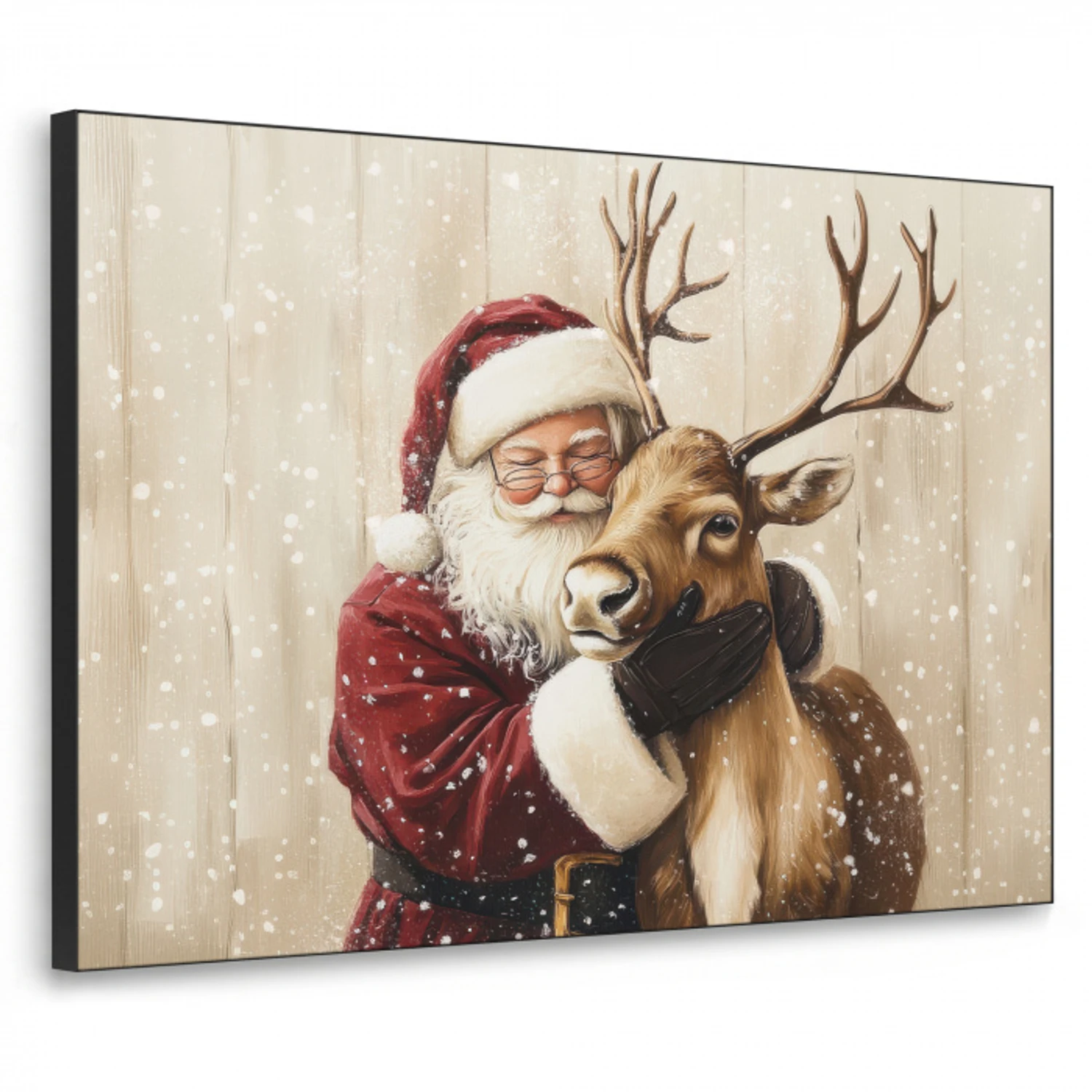 Kerstman - Rendier - Sneeuw - Kleurrijk Textielframe zwart klein -3d