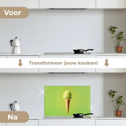 Hoorntje - Schepijs - Groen keuken achterwand spatscherm klein -voor_na_NL