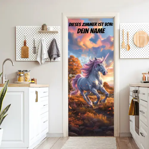 Einhorn im herbstlichen Sonnenuntergang mit personalisierbarem Namensfeld. deurposter klein -sfeer5