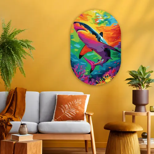 Haai - Koraalrif - Abstract - Kleurrijk Wandcirkel Ovaal Glas middel -sfeer4