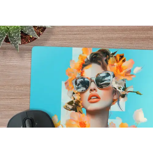 Bloemen - Vrouw - Zonnebril - Blauw muismat rubber klein -closeup