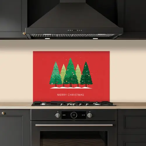 Minimalistisch - Kerstbomen - Rood - Sneeuw keuken achterwand spatscherm klein -sfeer1