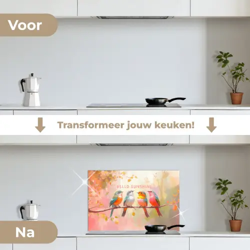 Vogels - Tak - Quote - Roze keuken achterwand spatscherm klein -voor_na_NL