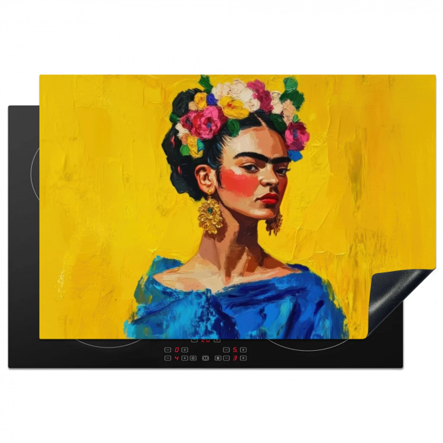 Frida Kahlo - Vrouw - Geel - Blauw - Bloemen Inductie beschermer vinyl 3mm klein -3d