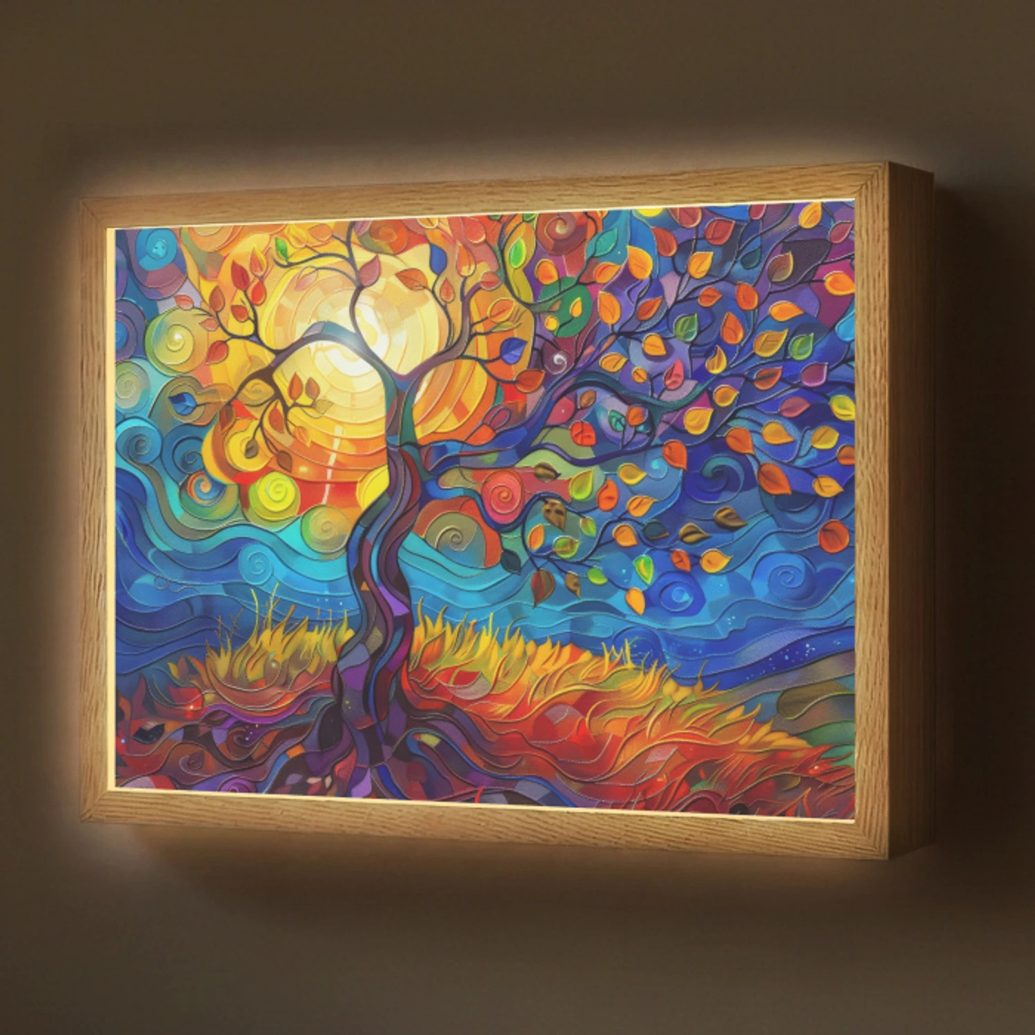 Boom - Zon - Verflook - Kleuren - Abstract Light Box met batterij (Wandlamp) middel -z3d_website