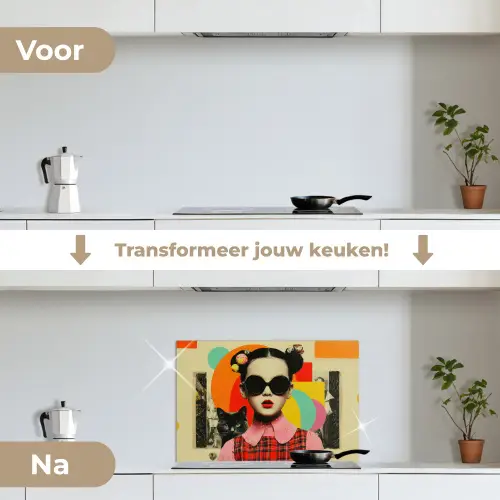 Meisje - Zonnebril - Kat - Retro keuken achterwand spatscherm klein -voor_na_NL