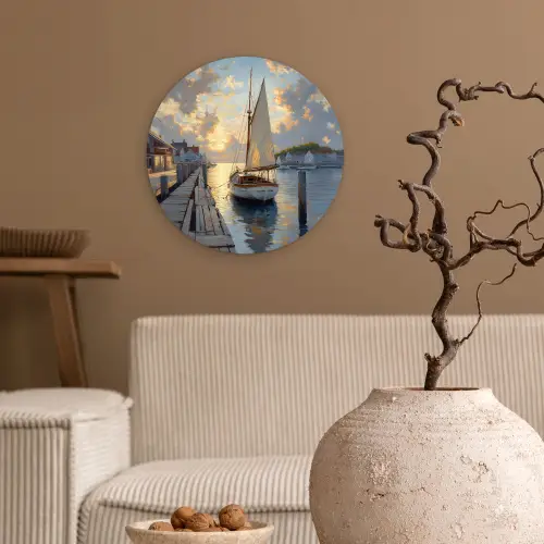 Zeilboot - Zon - Pier - Hout Wandcirkel plexiglas klein -sfeer1