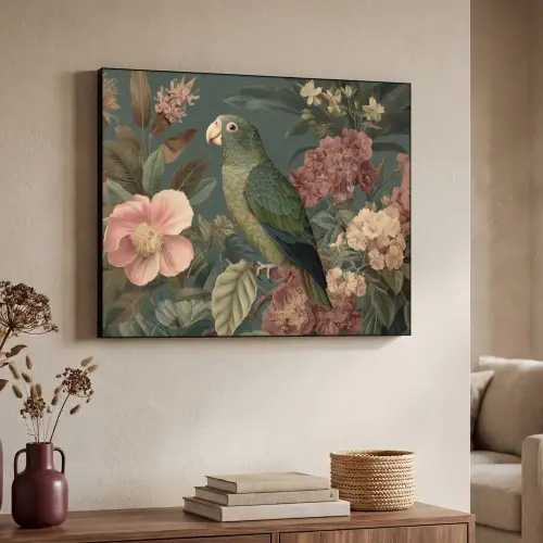 Groene papegaai - Kleurrijke bloemen - Donkere achtergrond Textielframe - compleet frame klein -sfeer3