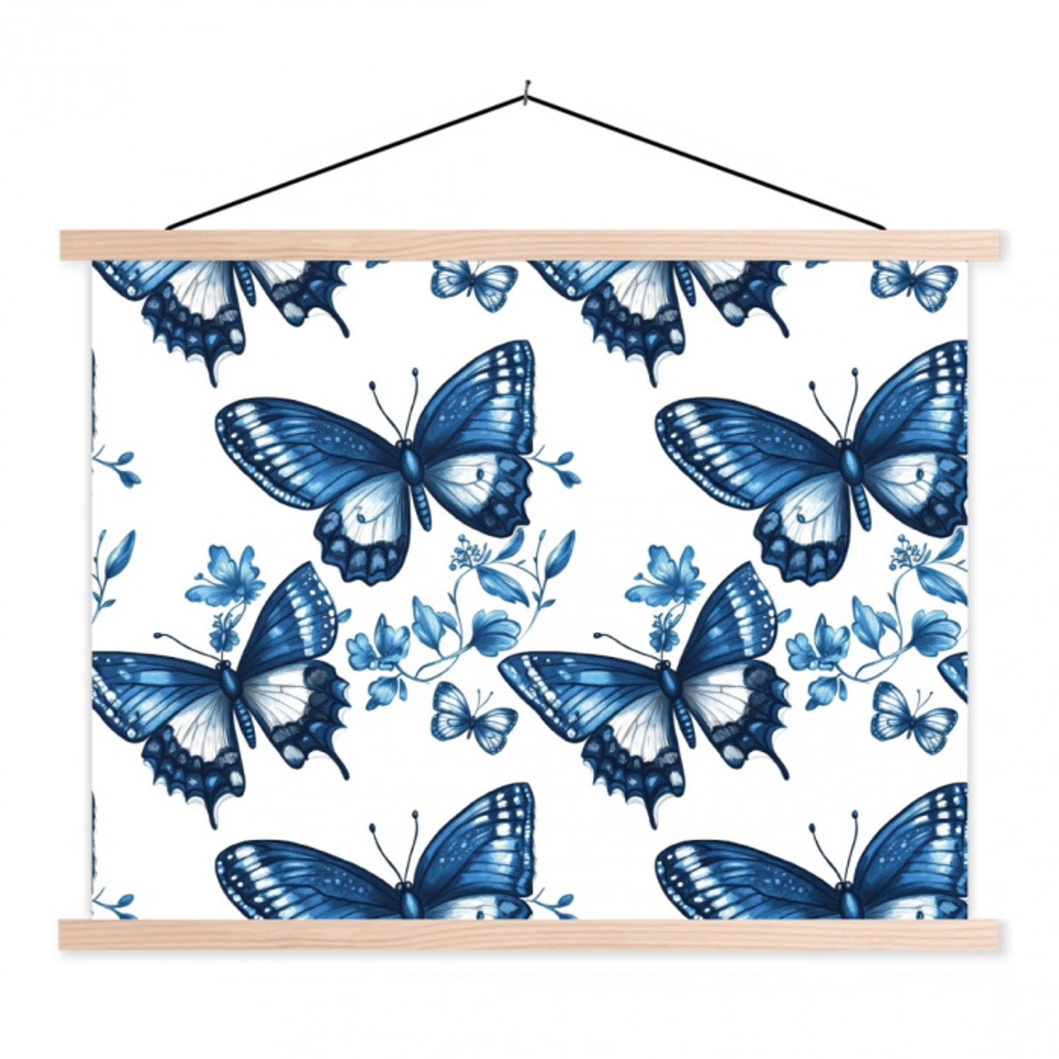 Blauw - Vlinders - Bloemen - Wit textielposter latten blank klein 122 -3d