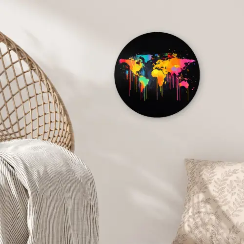 Wereldkaart - Verf - Kleurrijk - Graffiti - Wereld Wandcirkel kunststof plaat 5mm dik klein -sfeer5