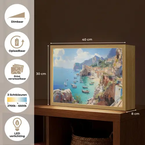 Kustdorp - Schilderij - Rotsen - Boten Light Box met batterij (Wandlamp) middel -USP_websiteoverzichtNL