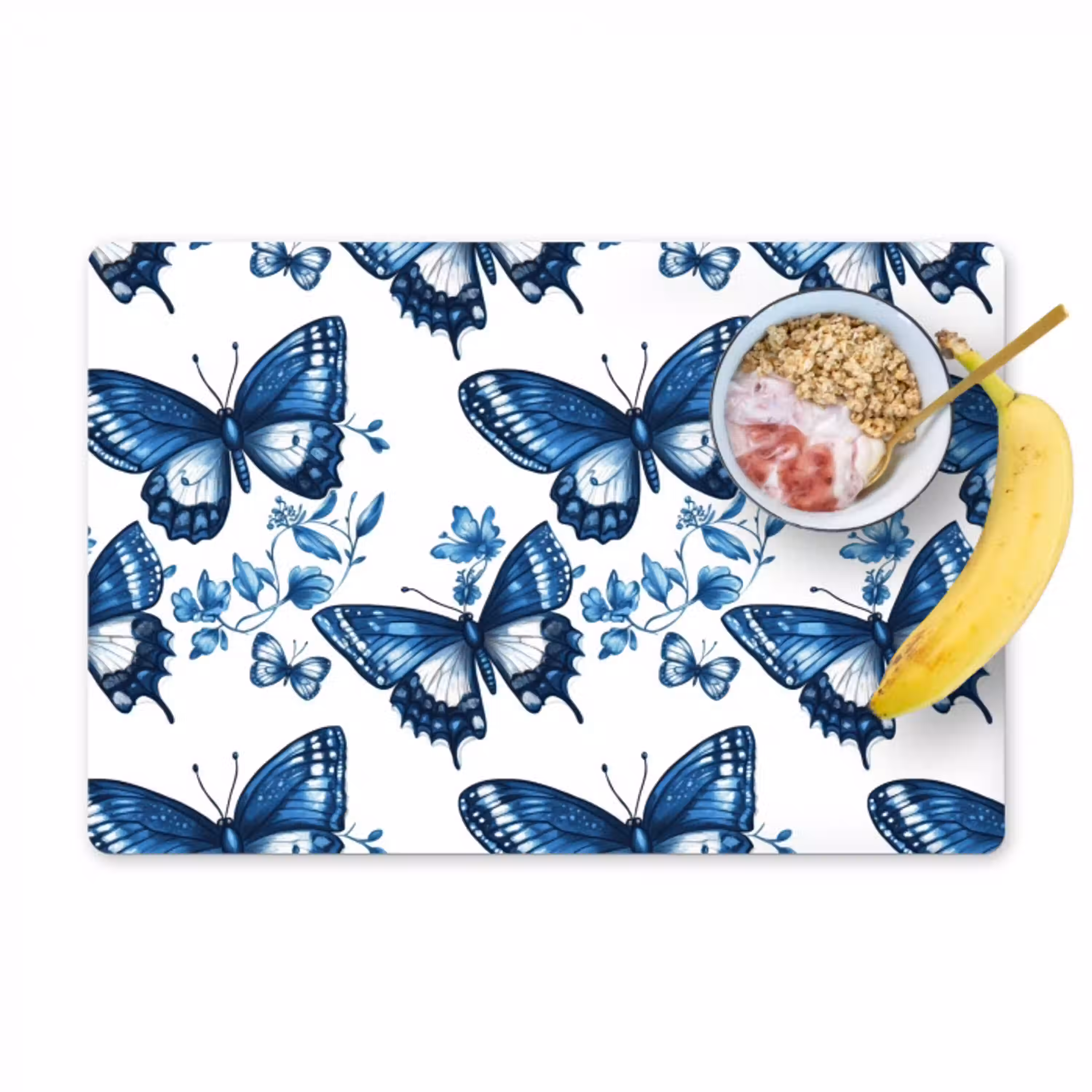 Blauw - Vlinders - Bloemen - Wit Placemat vinyl groot 368 -zzzproduct_Kitchenyeah-website