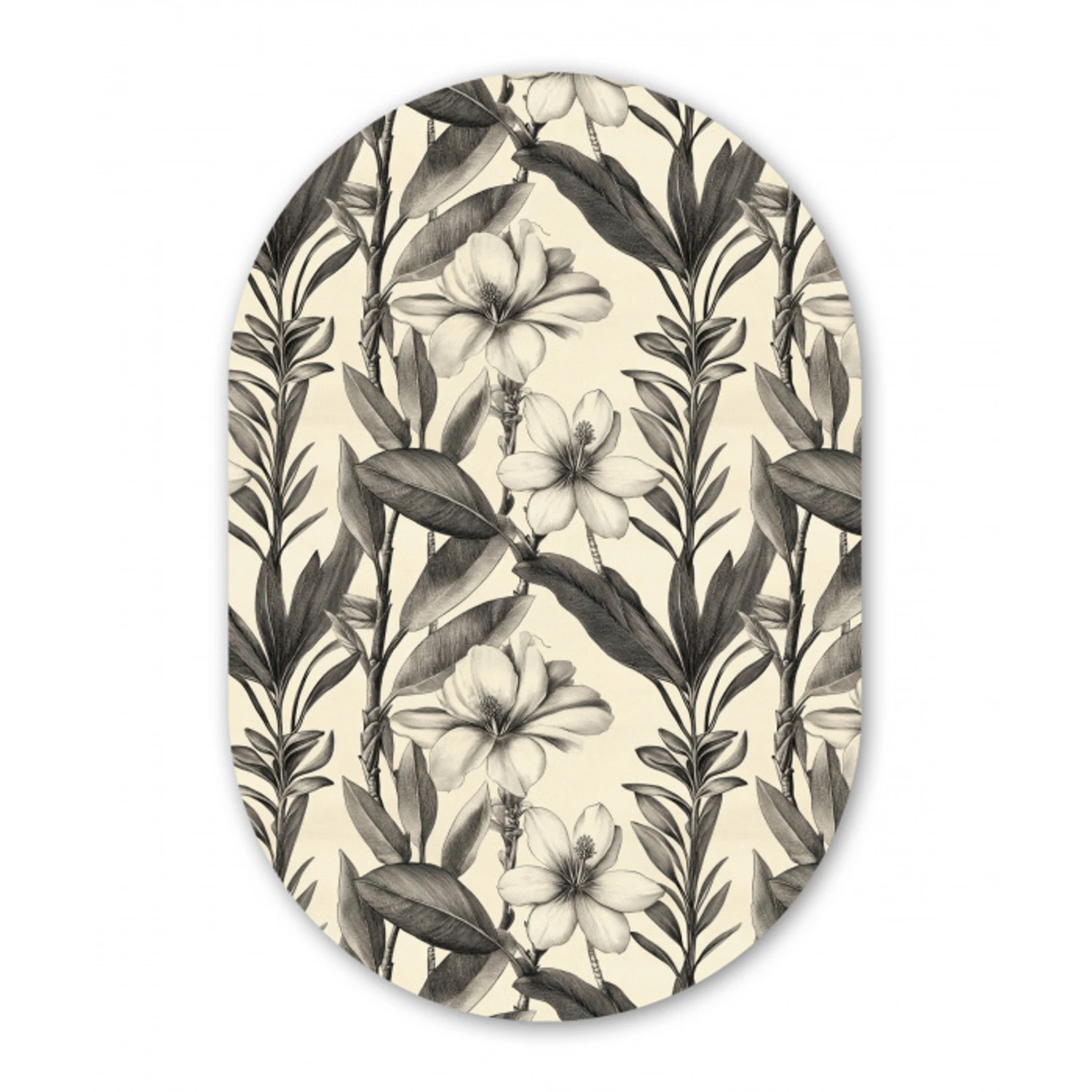 Klassiek - Botanisch - Zwart - Beige Wandcirkel Ovaal Forex klein 630 -3d