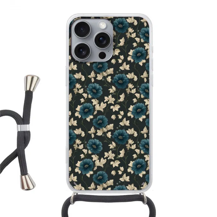 Botanisch - Bloemen - Blauw Hoesje iPhone 16 Pro Max met koord klein 804 -3d