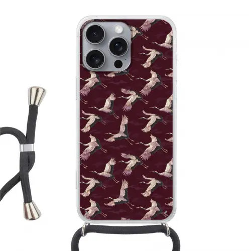 Kraanvogels - Klassiek - Bordeaux Hoesje iPhone 16 Pro Max met koord klein 804 -3d