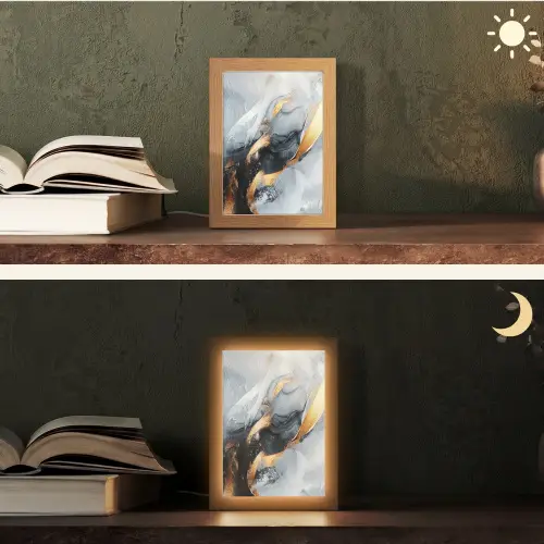 Abstract - Goud - Verf - Aesthetic - Art Light Box met kabel (Tafellamp) klein -sfeer3
