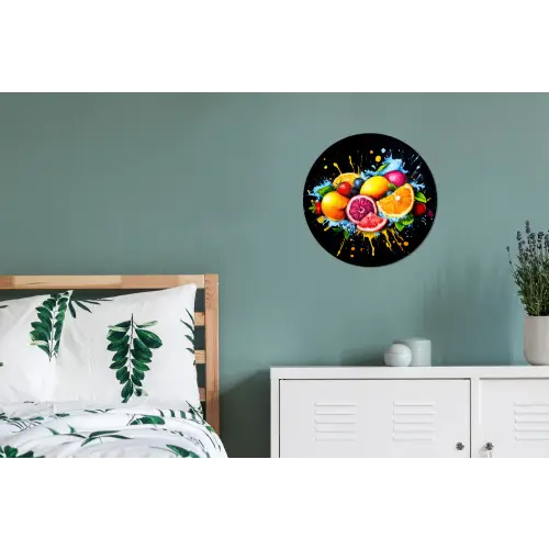 Fruit - Graffiti - Kleurrijk - Sinaasappel - Aardbei - Abstract Wandcirkel aluminium klein -slaapkamer