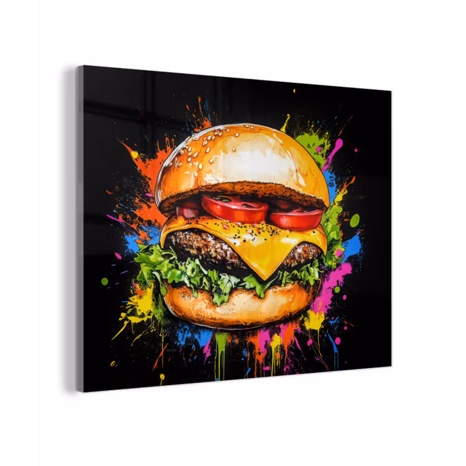 Glas schilderij - Hamburger - Graffiti - Verf - Kleurrijk - Eten - Abstract