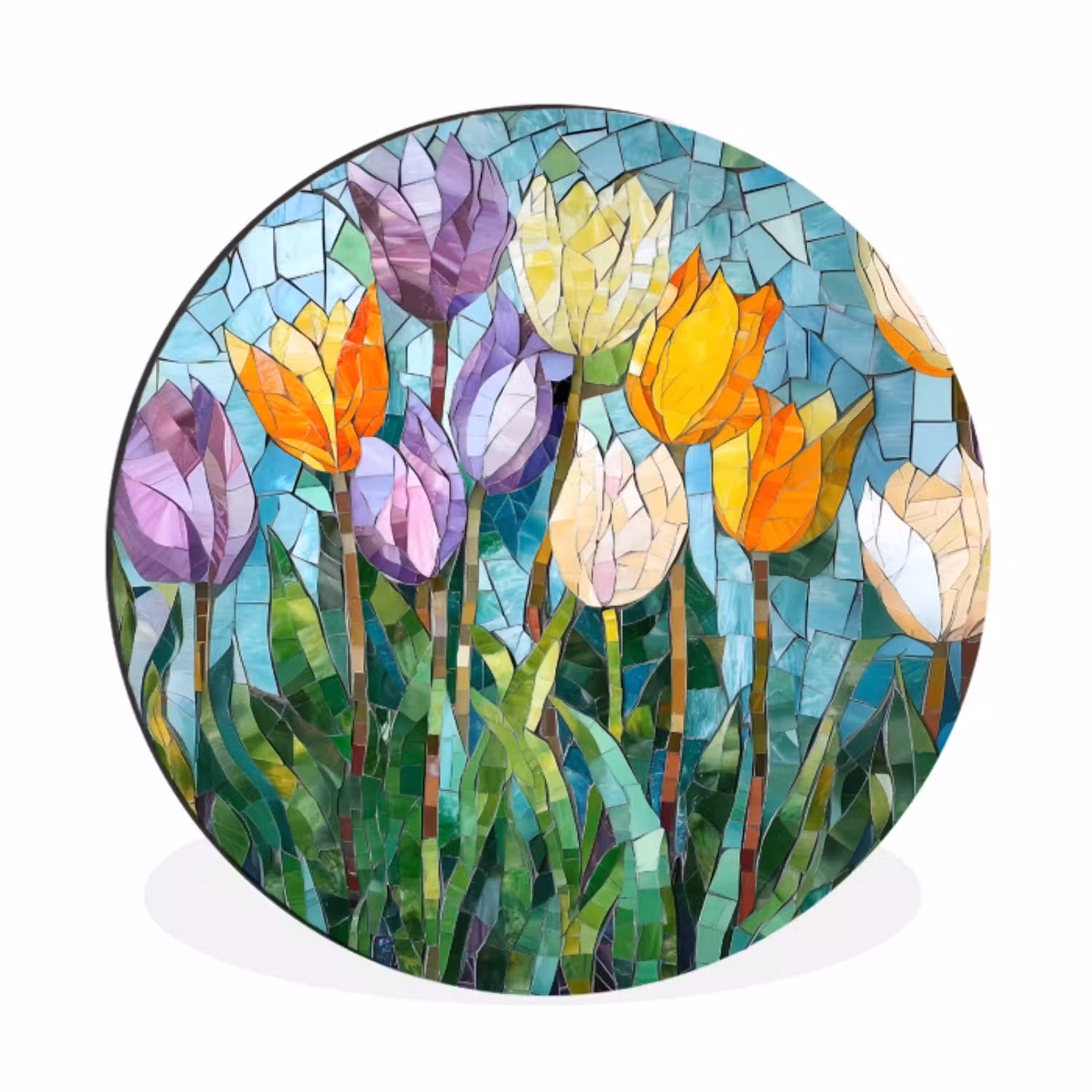 Mozaïek - Veld - Tulpen - Kleurrijk Wandcirkel aluminium klein -3d