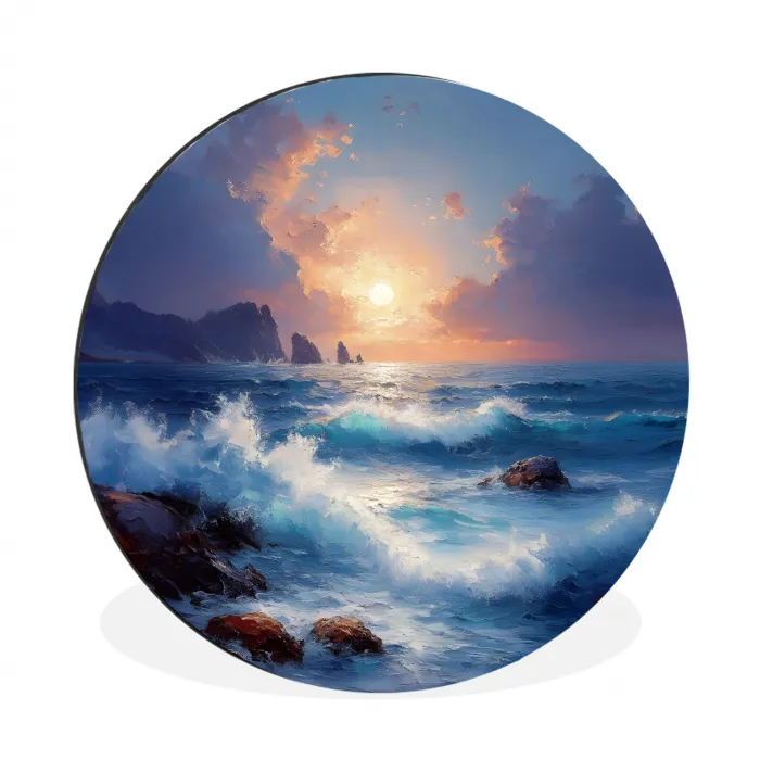 Golven - Zee - Kleurrijk - Rotsen Wandcirkel aluminium klein -3d