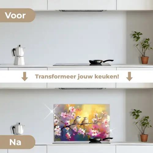 Vogels - Bloemen - Roze keuken achterwand spatscherm klein -voor_na_NL