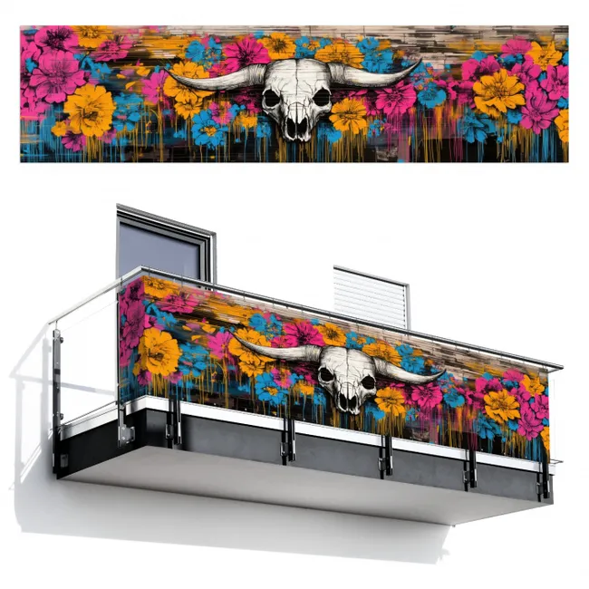 Balkonsichtschutz - Totenkopf - Blumen - Graffiti