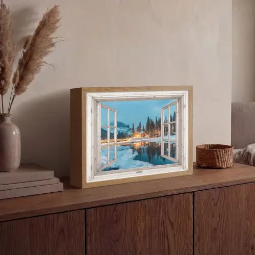 Doorkijk - Winterlandschap - Natuur - Huis - Bergen Light Box met batterij (Wandlamp) middel -sfeer2