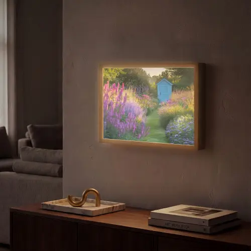 Tuinhuisje - Blauw - Bloemen Light Box met batterij (Wandlamp) middel -sfeer1